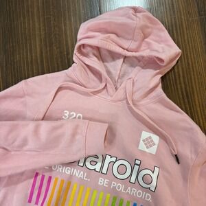 POLAROID Hoodie Unisex Medium Pink Pullover Rainbow Graphic Streetwear Soft